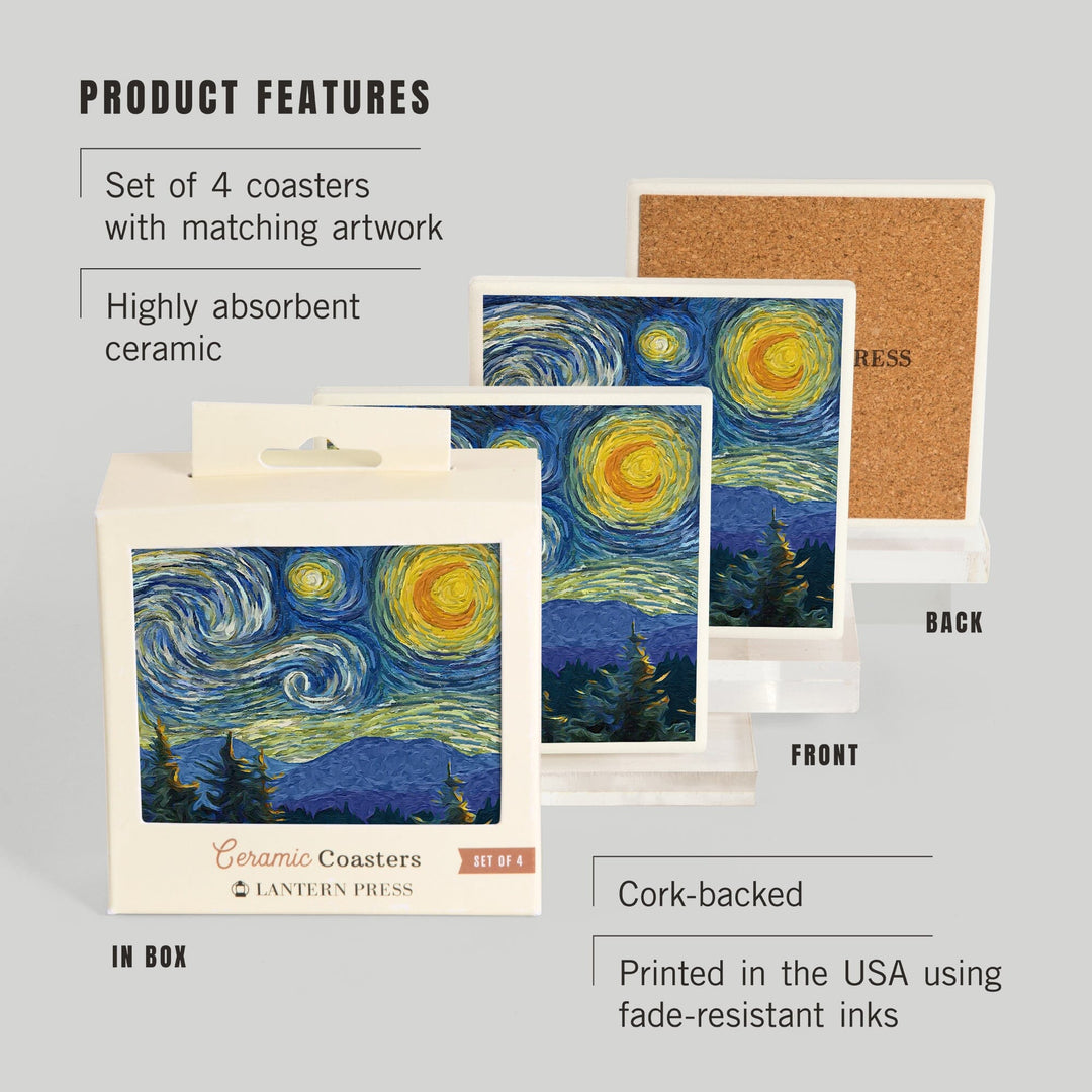 Blue Ridge Parkway, Starry Night, Lantern Press Artwork, Coaster Set - Lantern Press