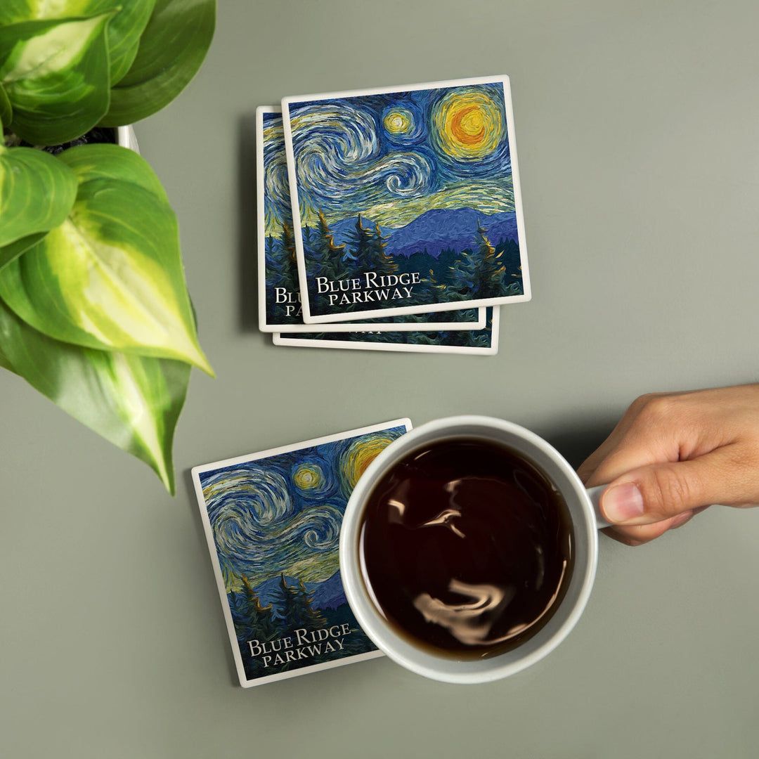 Blue Ridge Parkway, Starry Night, Lantern Press Artwork, Coaster Set - Lantern Press