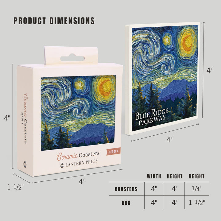 Blue Ridge Parkway, Starry Night, Lantern Press Artwork, Coaster Set - Lantern Press