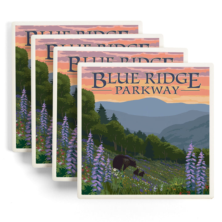 Blue Ridge Parkway, Virginia, Bear Family & Spring Flowers, Lantern Press Artwork, Coaster Set - Lantern Press