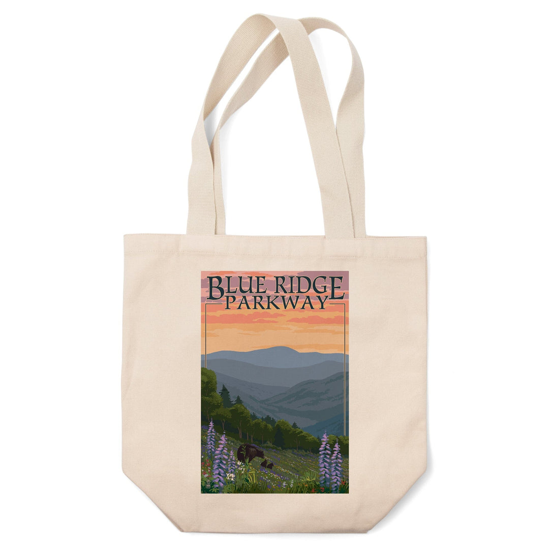 Blue Ridge Parkway, Virginia, Bear Family & Spring Flowers, Lantern Press Artwork, Tote Bag Totes Lantern Press 