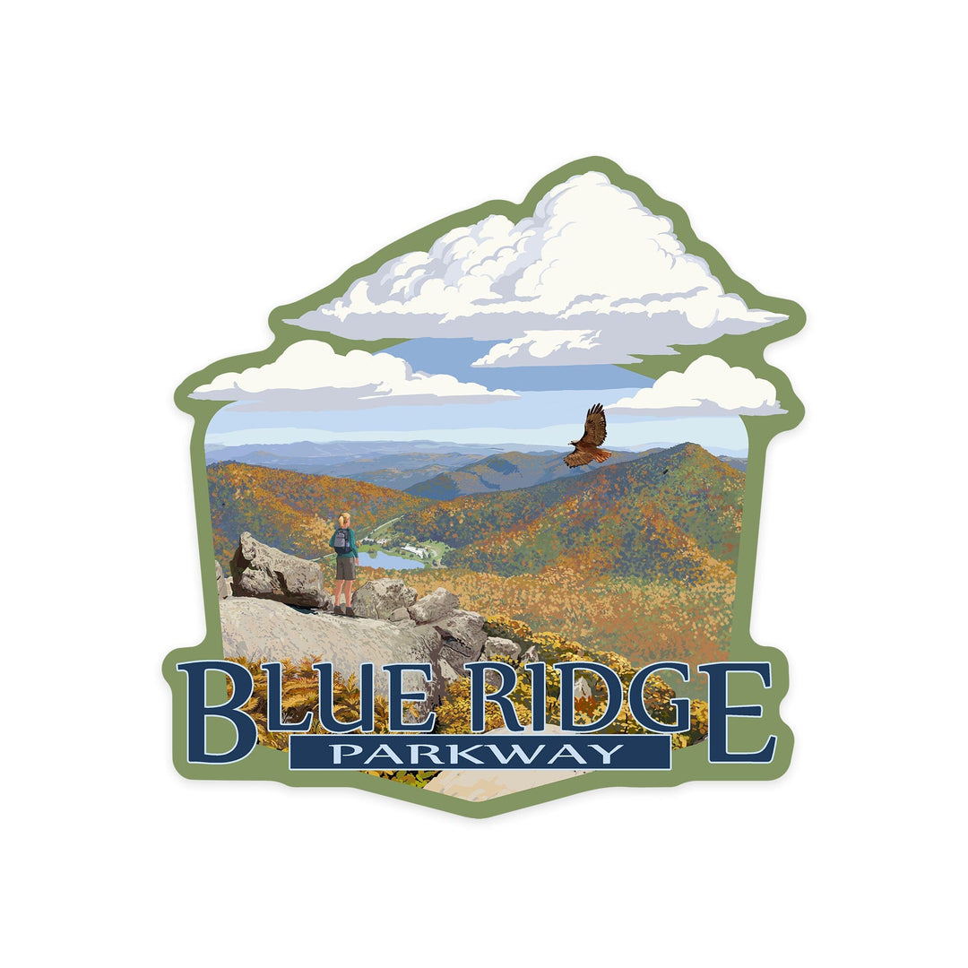 Blue Ridge Parkway, Virginia, Hiker and Autumn View, Contour, Vinyl Sticker - Lantern Press