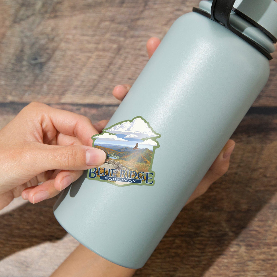 Blue Ridge Parkway, Virginia, Hiker and Autumn View, Contour, Vinyl Sticker - Lantern Press