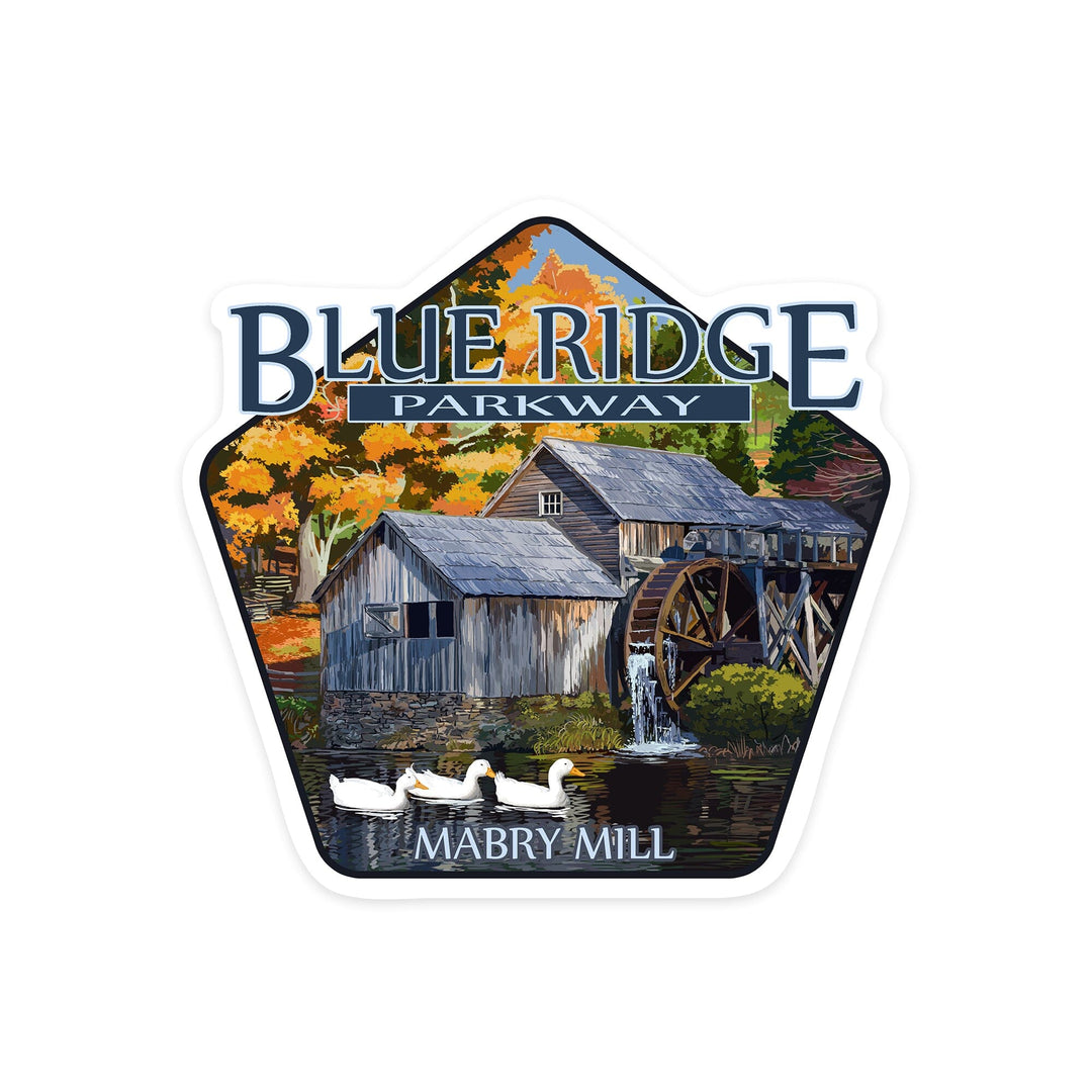 Blue Ridge Parkway, Virginia, Mabry Mill in Fall, Contour, Vinyl Sticker - Lantern Press