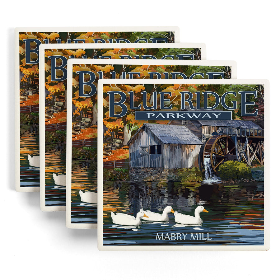 Blue Ridge Parkway, Virginia, Mabry Mill, Lantern Press Artwork, Coaster Set - Lantern Press