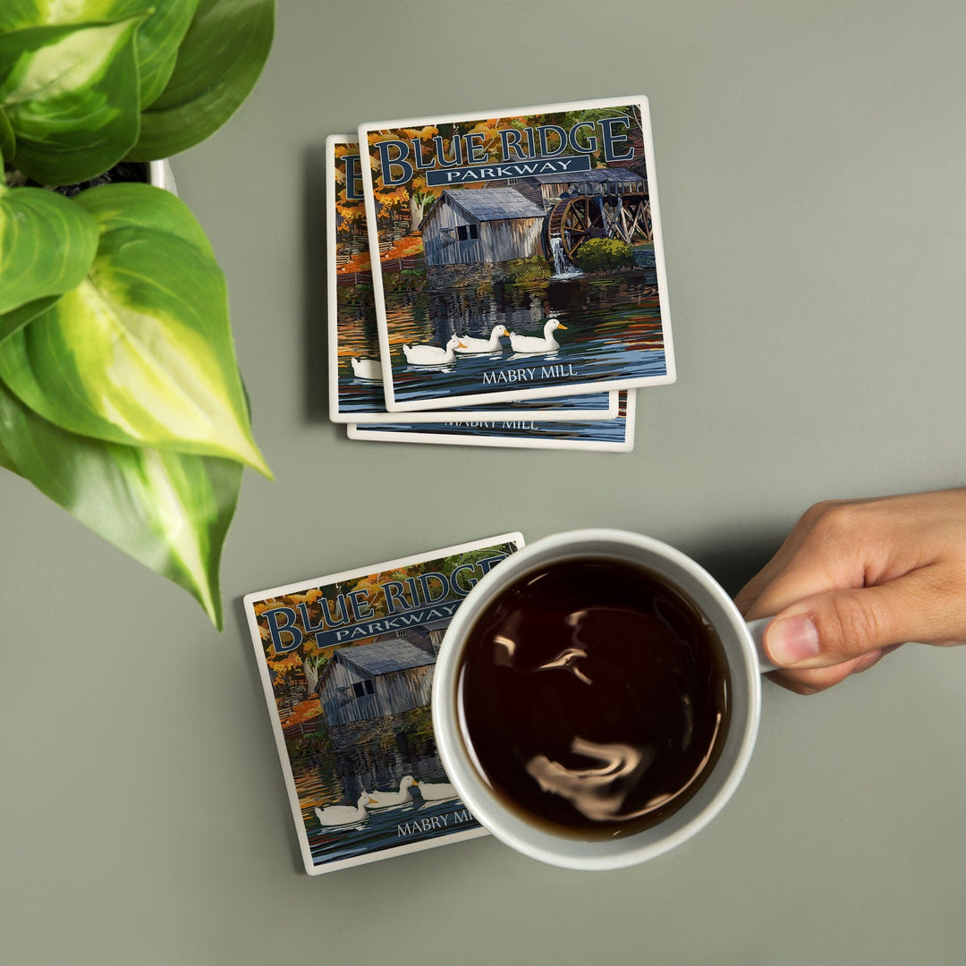 Blue Ridge Parkway, Virginia, Mabry Mill, Lantern Press Artwork, Coaster Set - Lantern Press