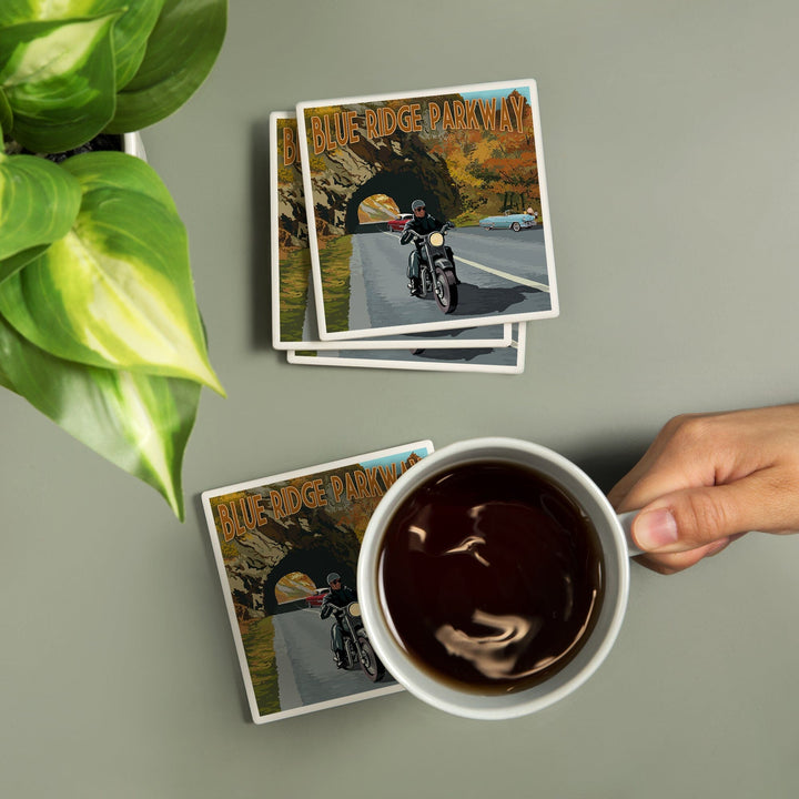 Blue Ridge Parkway, Virginia, Motorcycle Scene, Lantern Press Artwork, Coaster Set - Lantern Press