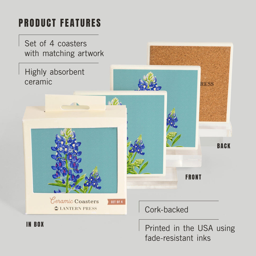 Bluebonnet, Letterpress, Lantern Press Artwork, Coaster Set - Lantern Press