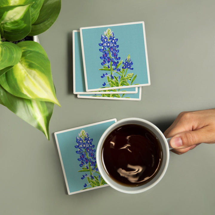 Bluebonnet, Letterpress, Lantern Press Artwork, Coaster Set - Lantern Press