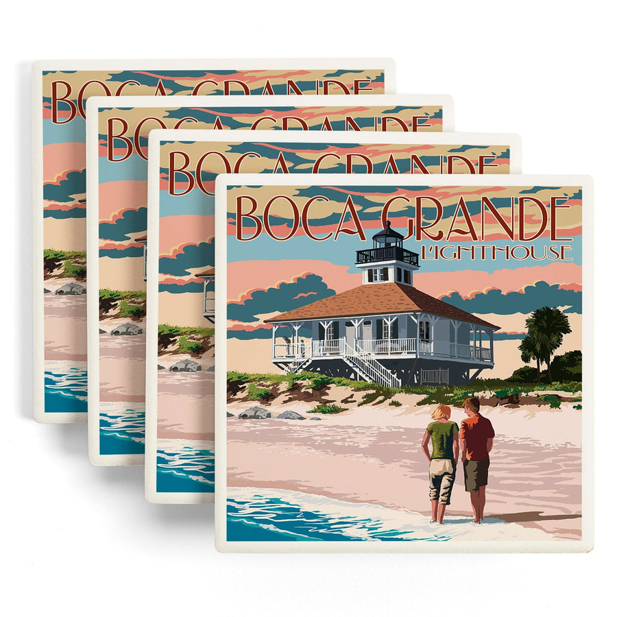 Boca Grande, Florida, Lighthouse, Lantern Press Artwork, Coaster Set - Lantern Press