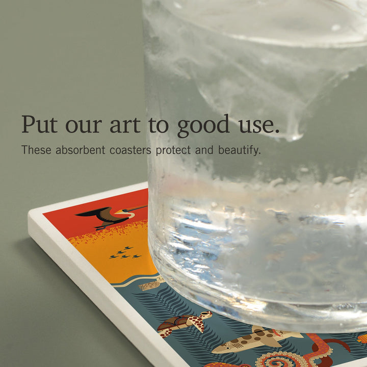 Bodega Bay California, Geometric, Marine Animals, Coasters Coasters Lantern Press 
