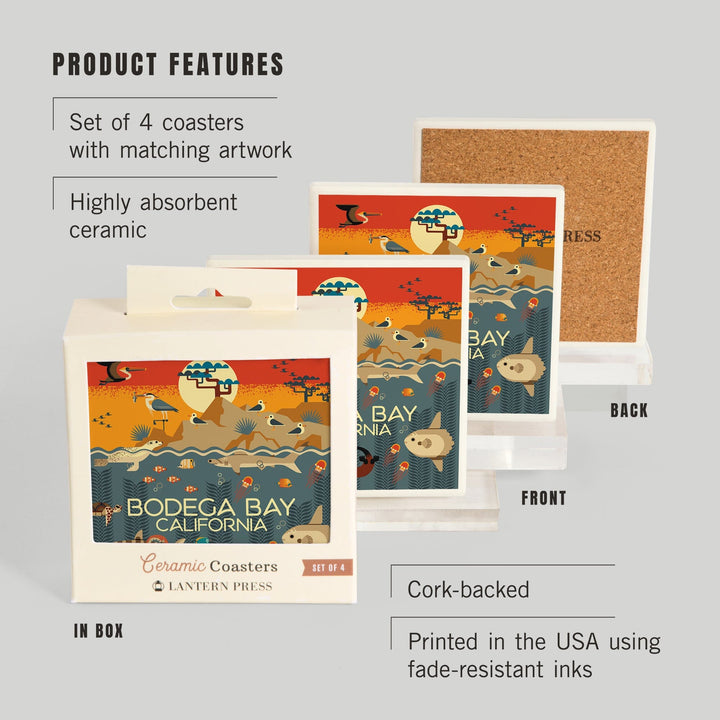 Bodega Bay California, Geometric, Marine Animals, Coasters Coasters Lantern Press 
