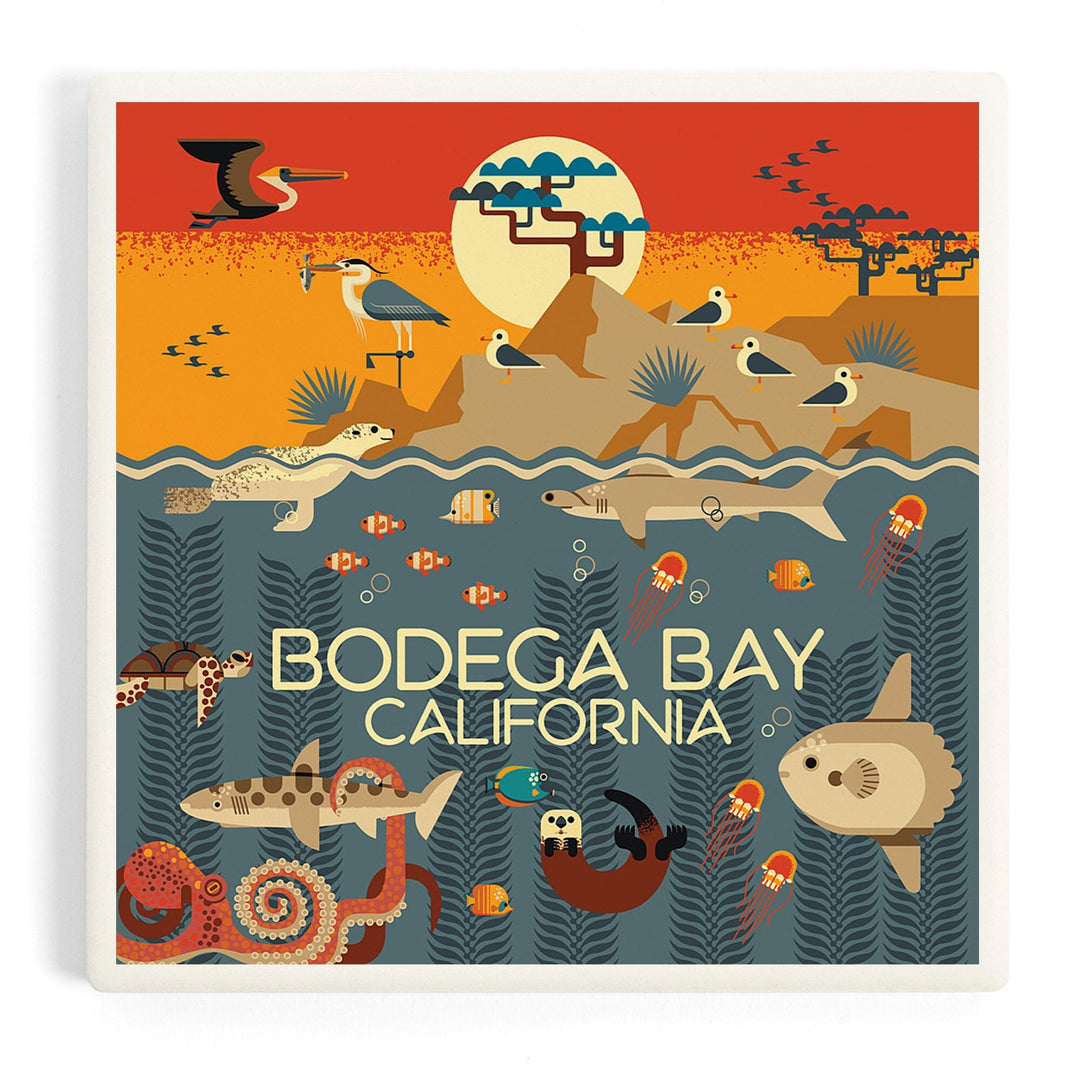Bodega Bay California, Geometric, Marine Animals, Coasters Coasters Lantern Press Coaster 