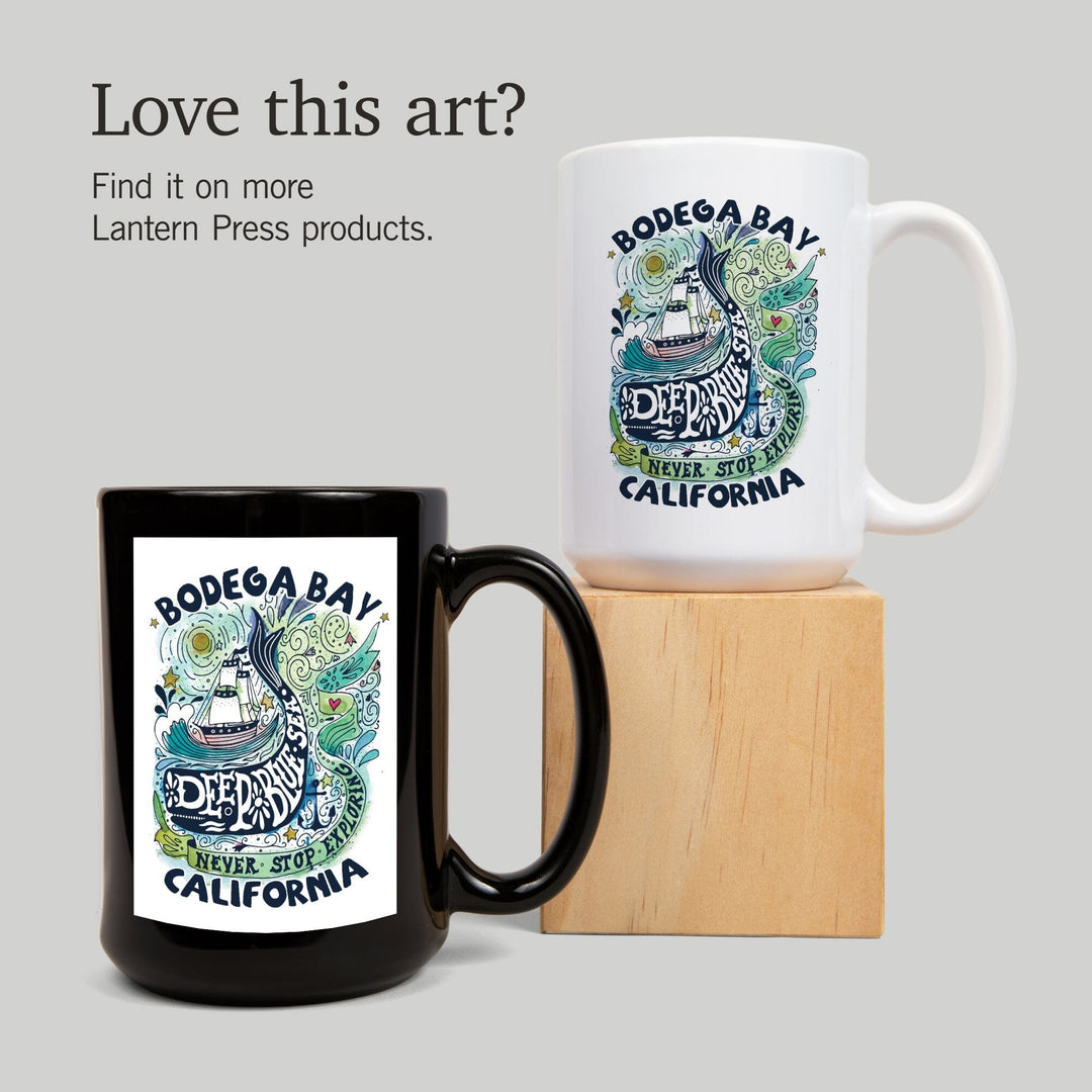 Bodega Bay, California, Watercolor Whale, Deep Blue Sea, Nautical Art, Contour, Lantern Press Artwork, Ceramic Mug Mugs Lantern Press 