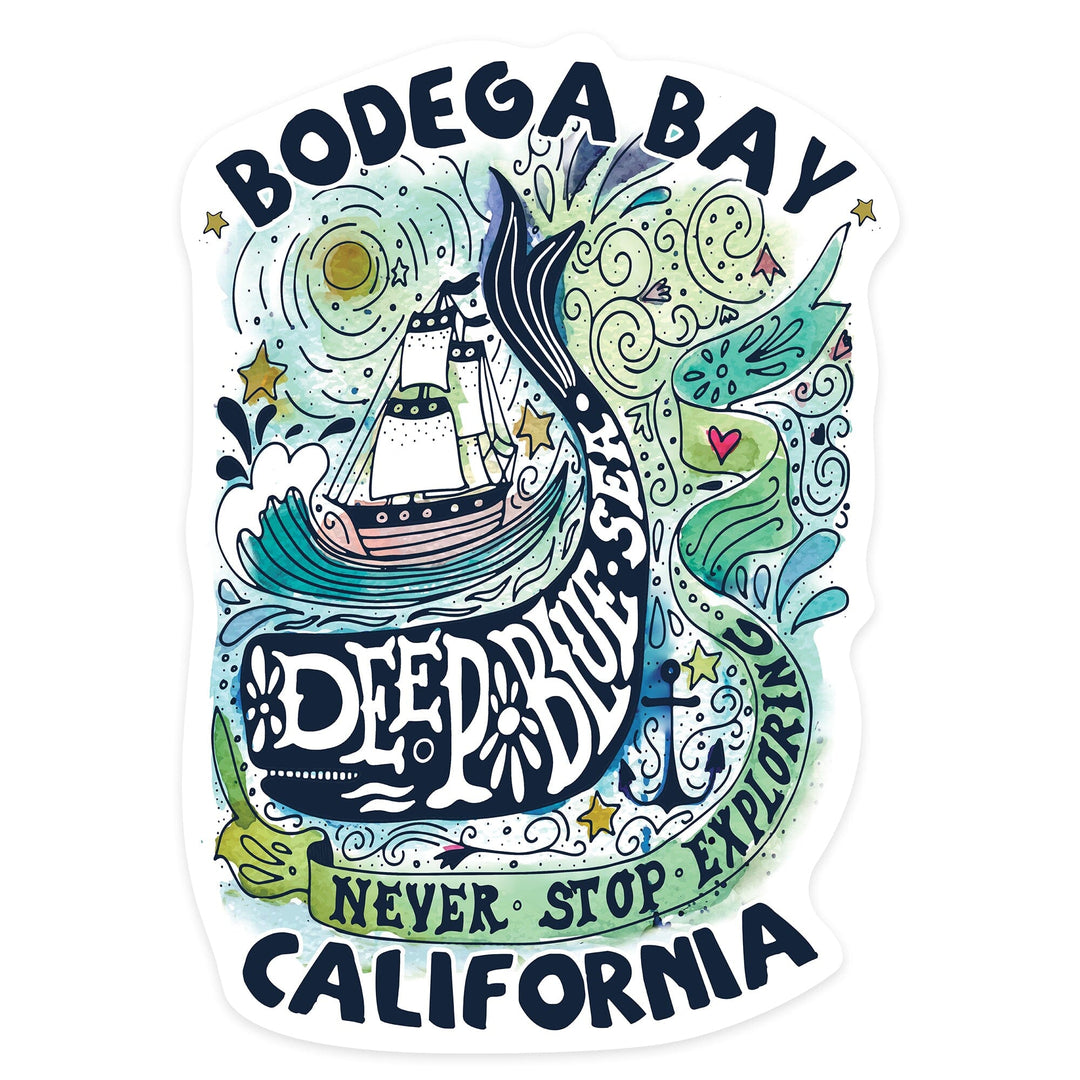 Bodega Bay, California, Watercolor Whale, Deep Blue Sea, Nautical Art, Contour, Lantern Press Artwork, Vinyl Sticker Sticker Lantern Press 