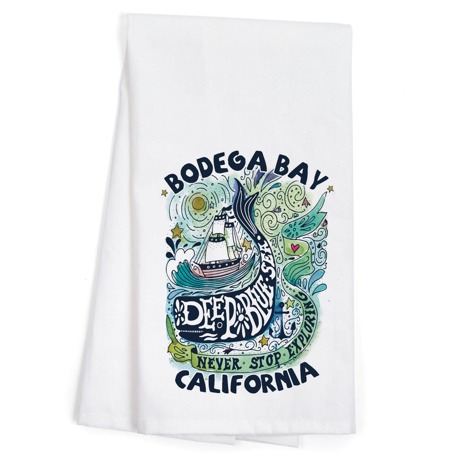 Bodega Bay, California, Watercolor Whale, Deep Blue Sea, Nautical Art, Contour, Organic Cotton Kitchen Tea Towels Kitchen Lantern Press 