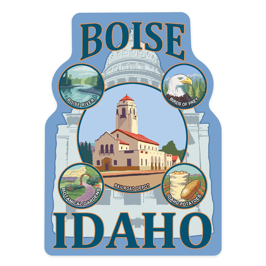 Boise, Idaho, Icon Montage, Contour, Vinyl Sticker Sticker Lantern Press 