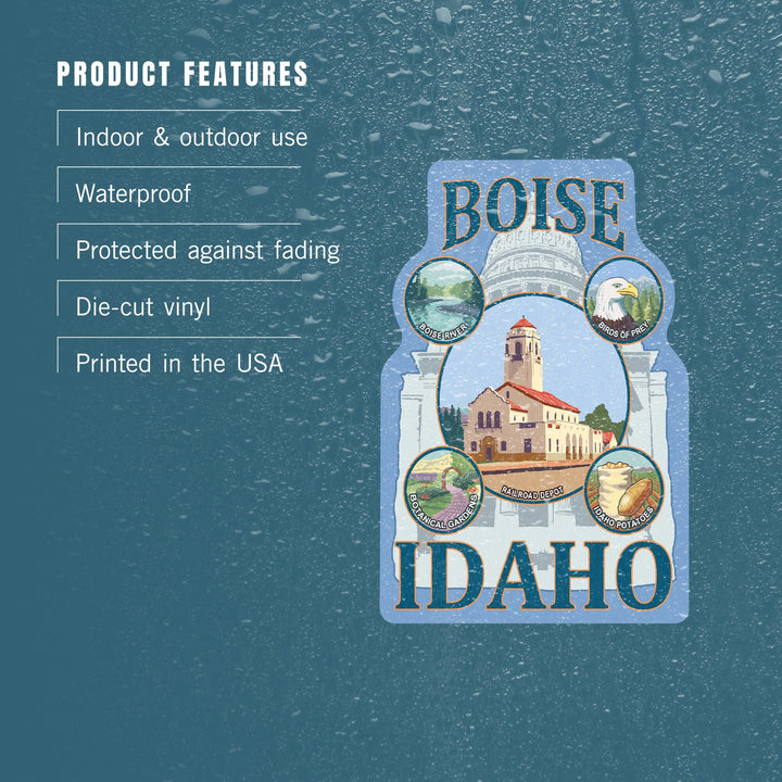 Boise, Idaho, Icon Montage, Contour, Vinyl Sticker Sticker Lantern Press 