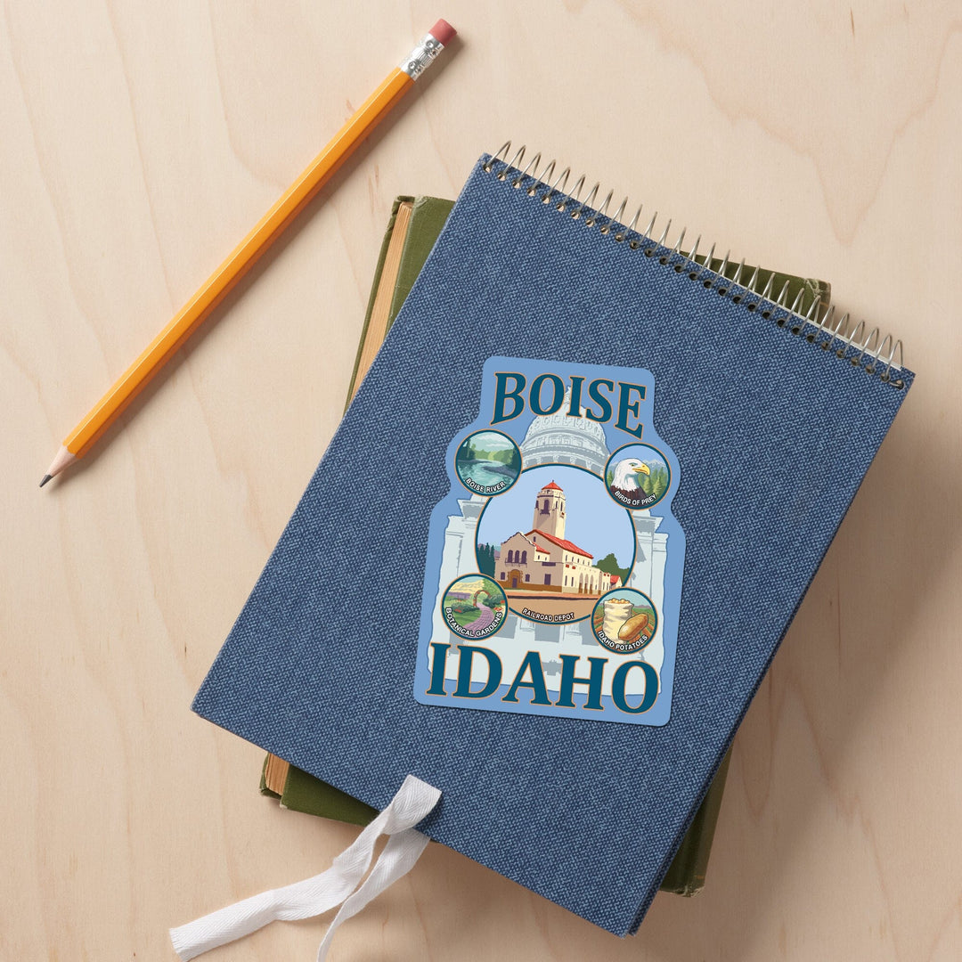 Boise, Idaho, Icon Montage, Contour, Vinyl Sticker Sticker Lantern Press 