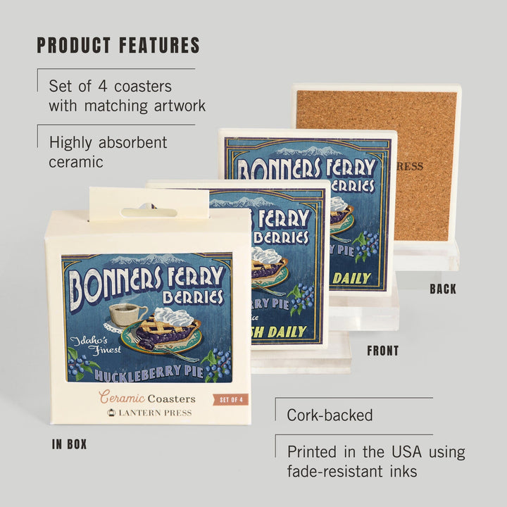 Bonners Ferry, Idaho, Huckleberry Pie Vintage Sign, Coasters Coasters Lantern Press 