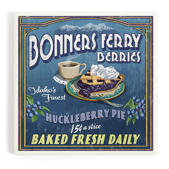 Bonners Ferry, Idaho, Huckleberry Pie Vintage Sign, Coasters Coasters Lantern Press Coaster 