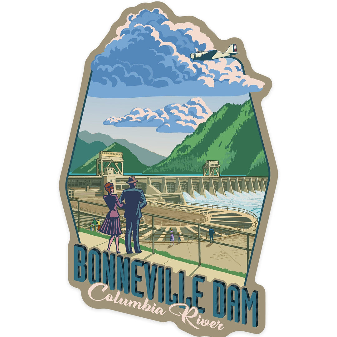 Bonneville Dam, Oregon and Washington, Columbia River, Contour, Vinyl Sticker Sticker Lantern Press 