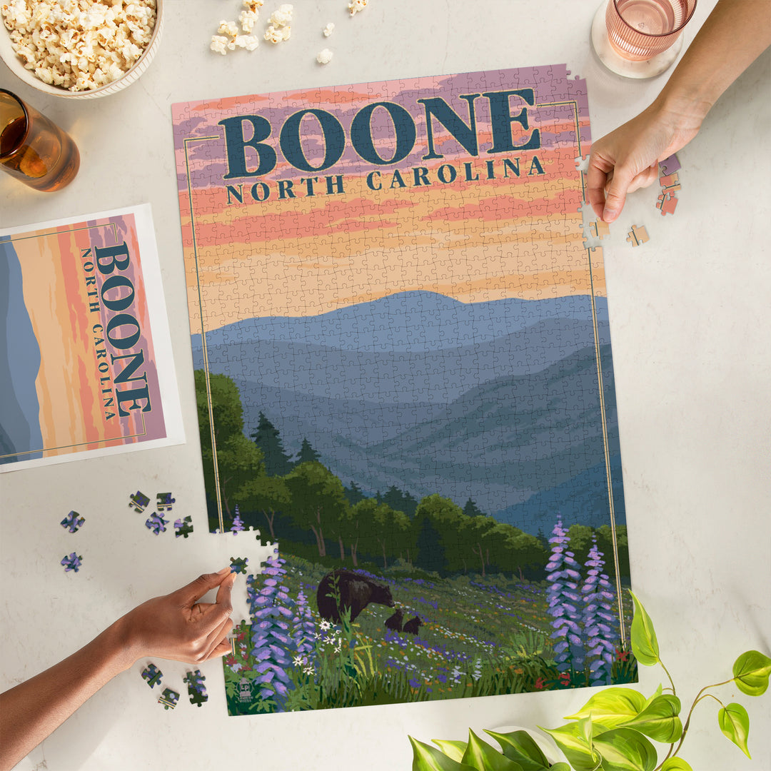 Boone, North Carolina, Bear and Spring Flowers, Jigsaw Puzzle Puzzle Lantern Press 