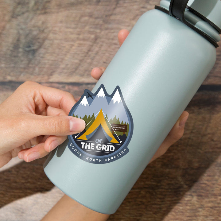 Boone, North Carolina, Discover, Off the Grid, Tent, Contour, Vinyl Sticker - Lantern Press