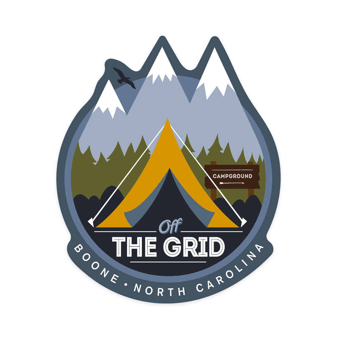 Boone, North Carolina, Discover, Off the Grid, Tent, Contour, Vinyl Sticker - Lantern Press