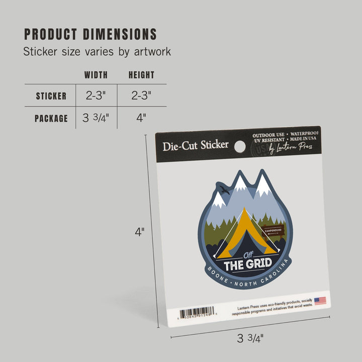 Boone, North Carolina, Discover, Off the Grid, Tent, Contour, Vinyl Sticker - Lantern Press