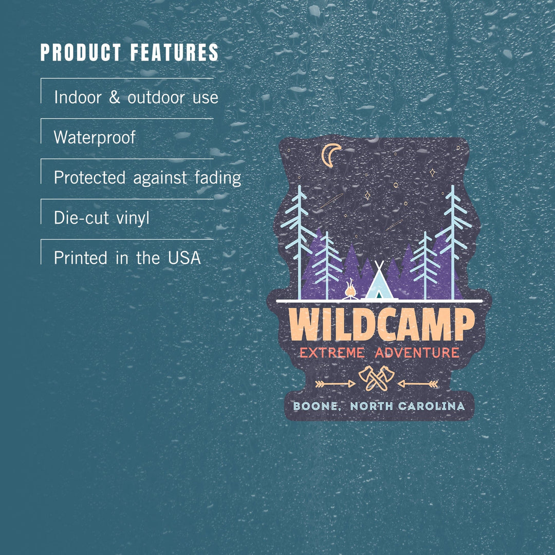 Boone, North Carolina, Wildcamp Extreme Adventure, Simple Vector, Contour, Vinyl Sticker - Lantern Press