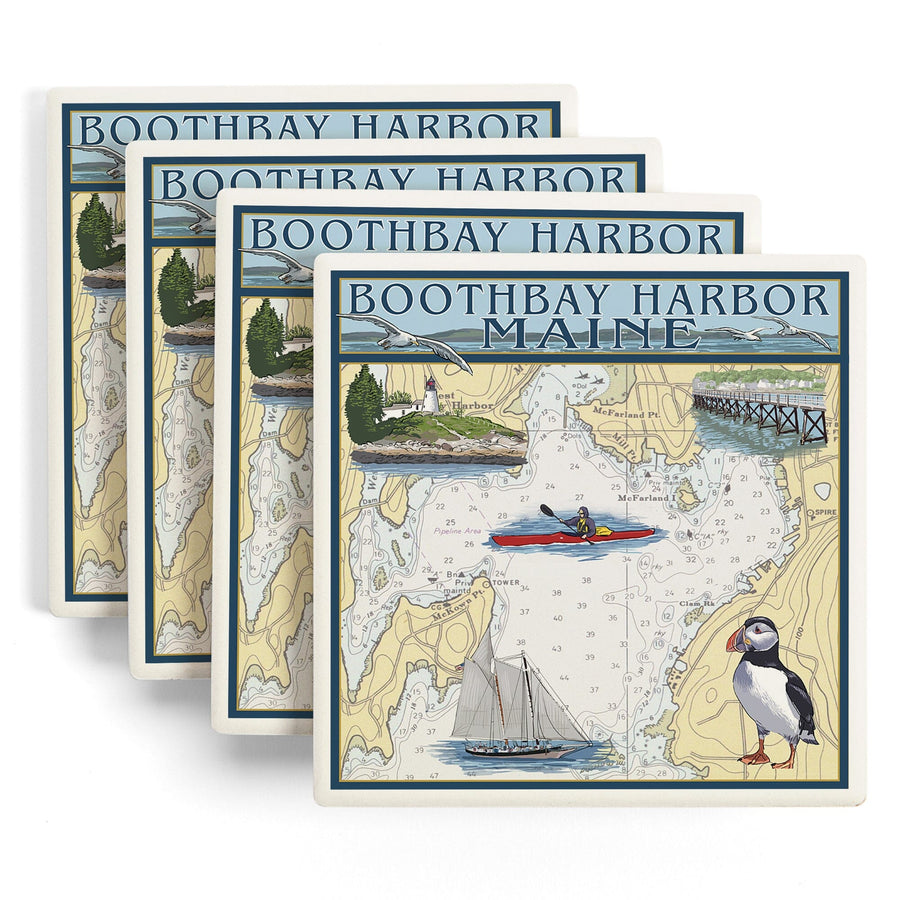 Boothbay Harbor, Maine, Nautical Chart, Lantern Press Artwork, Coaster Set - Lantern Press