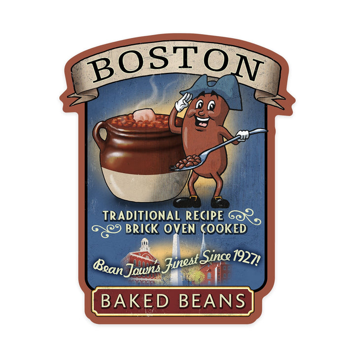 Boston, Massachusetts, Baked Beans Vintage Sign, Contour, Lantern Press Artwork, Vinyl Sticker - Lantern Press