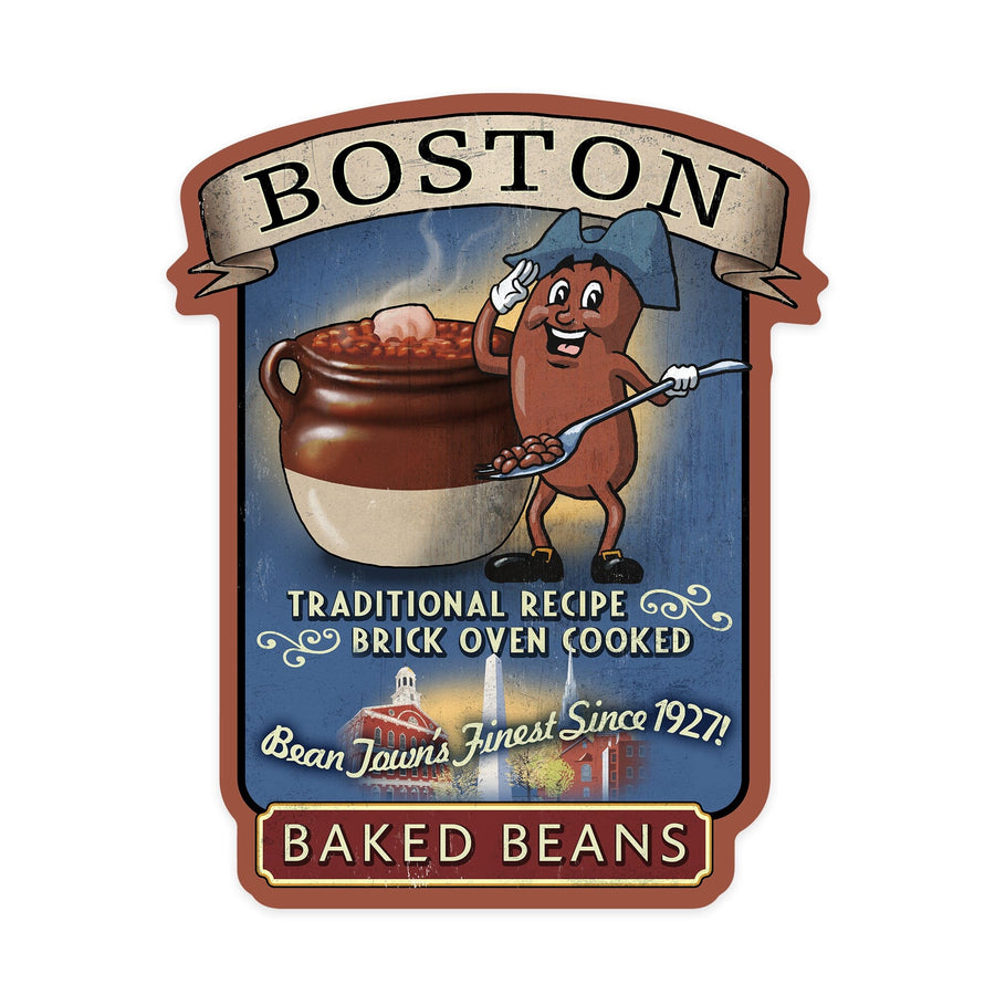 Boston, Massachusetts, Baked Beans Vintage Sign, Contour, Lantern Press Artwork, Vinyl Sticker - Lantern Press