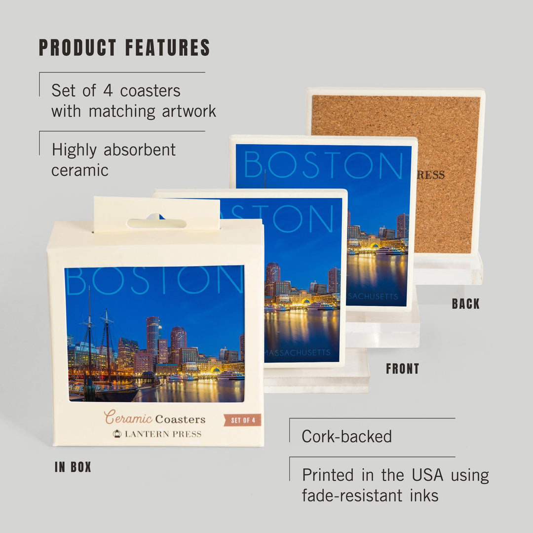 Boston, Massachusetts, Fan Pier at Night, Lantern Press Photography, Coaster Set - Lantern Press