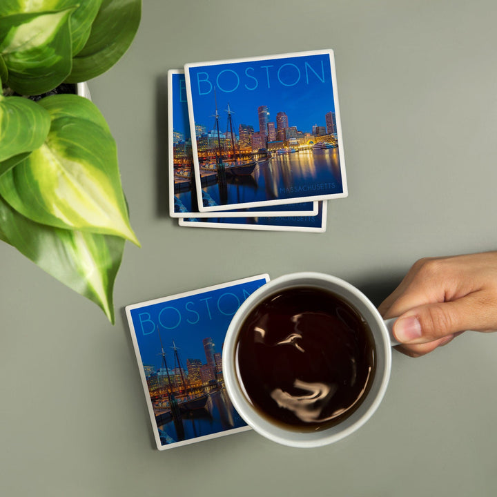 Boston, Massachusetts, Fan Pier at Night, Lantern Press Photography, Coaster Set - Lantern Press