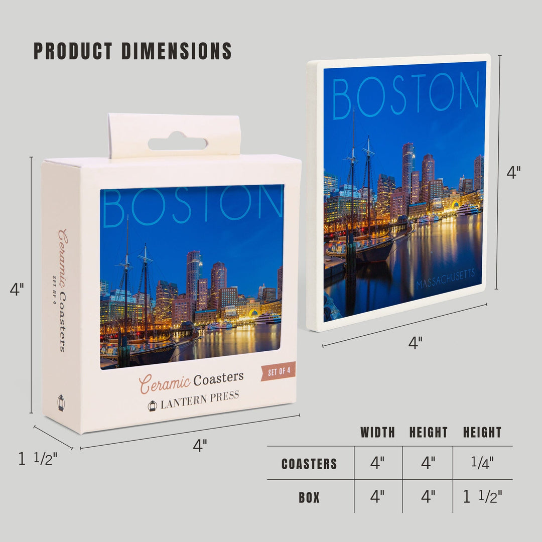 Boston, Massachusetts, Fan Pier at Night, Lantern Press Photography, Coaster Set - Lantern Press