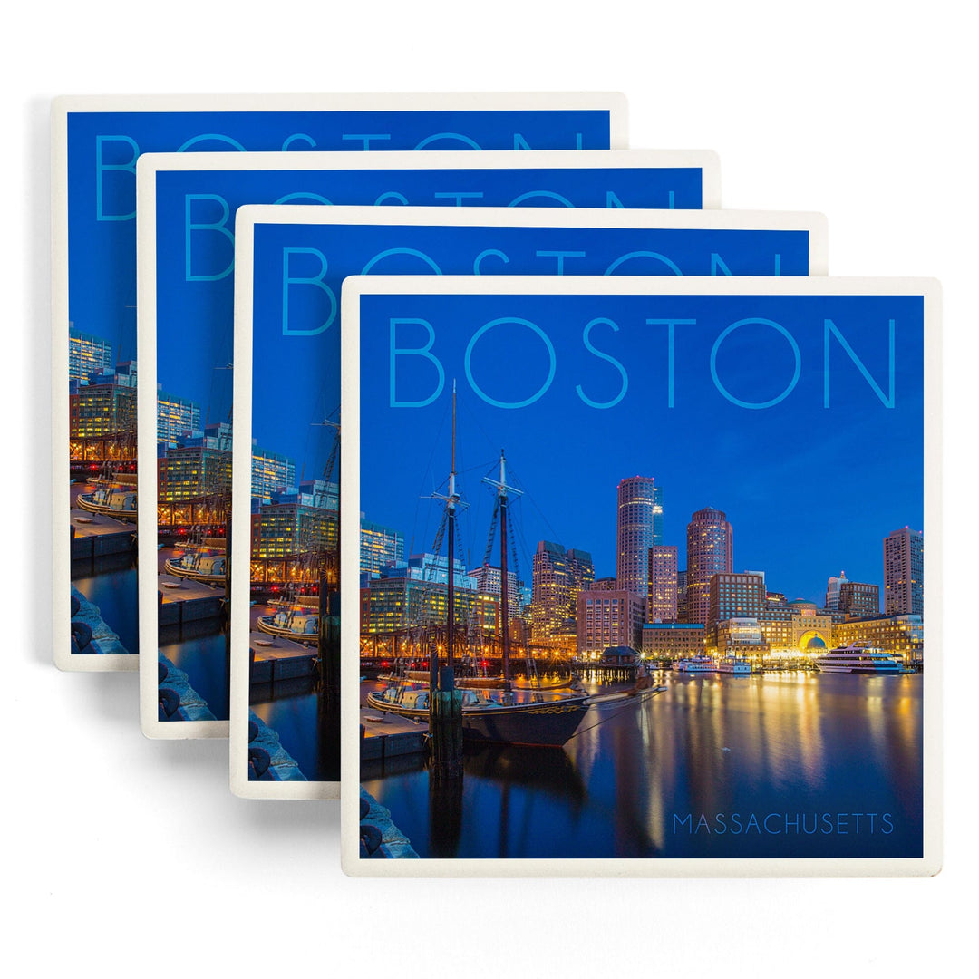 Boston, Massachusetts, Fan Pier at Night, Lantern Press Photography, Coaster Set - Lantern Press