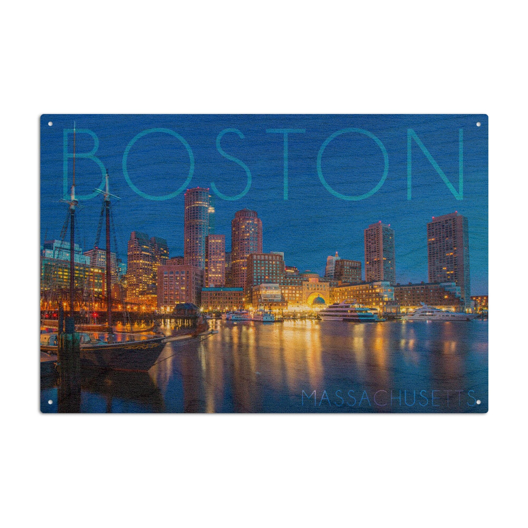Boston, Massachusetts, Fan Pier at Night, Lantern Press Photography, Wood Signs and Postcards Wood Lantern Press 10 x 15 Wood Sign 