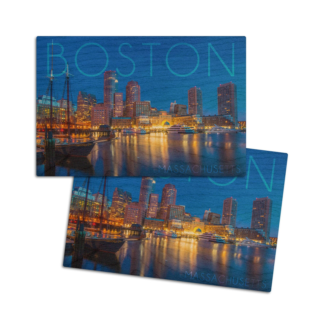 Boston, Massachusetts, Fan Pier at Night, Lantern Press Photography, Wood Signs and Postcards Wood Lantern Press 4x6 Wood Postcard Set 