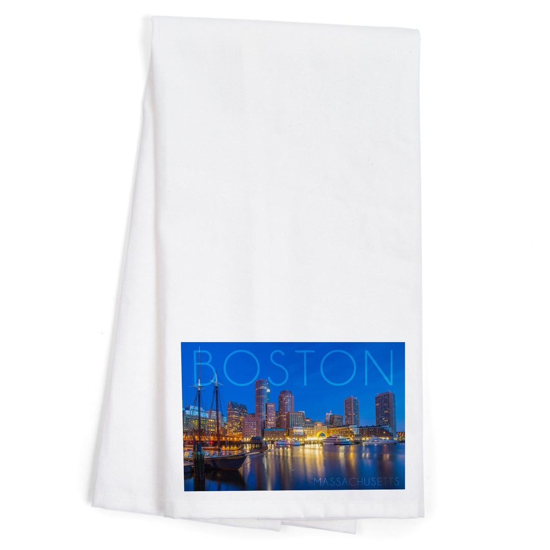 Boston, Massachusetts, Fan Pier at Night, Organic Cotton Kitchen Tea Towels - Lantern Press