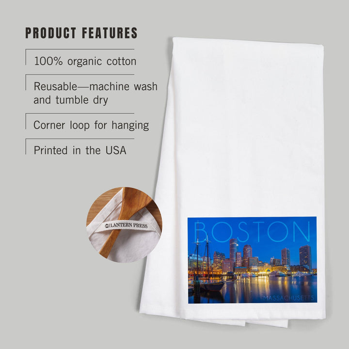 Boston, Massachusetts, Fan Pier at Night, Organic Cotton Kitchen Tea Towels - Lantern Press