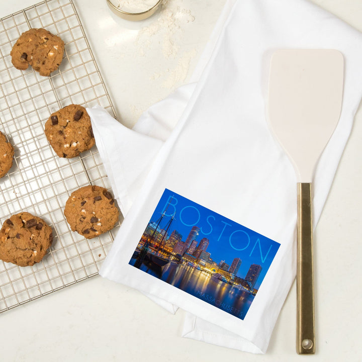 Boston, Massachusetts, Fan Pier at Night, Organic Cotton Kitchen Tea Towels Kitchen Lantern Press 