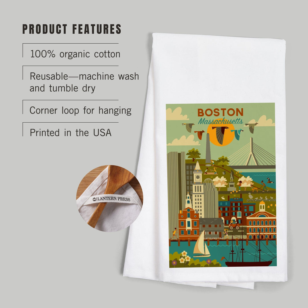 Boston, Massachusetts, Geometric City Series, Organic Cotton Kitchen Tea Towels Kitchen Lantern Press 
