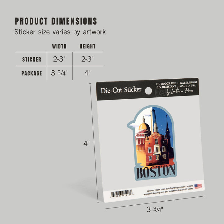 Boston, Massachusetts, Iconic Buildings, Contour, Vintage Poster, Vinyl Sticker - Lantern Press