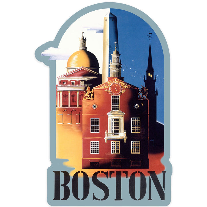 Boston, Massachusetts, Iconic Buildings, Contour, Vintage Poster, Vinyl Sticker - Lantern Press