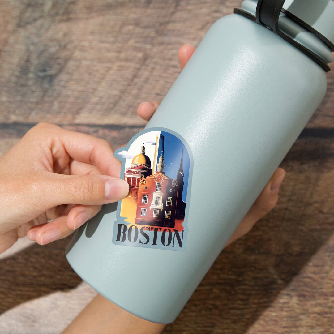 Boston, Massachusetts, Iconic Buildings, Contour, Vintage Poster, Vinyl Sticker - Lantern Press