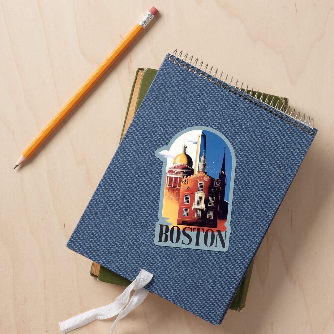 Boston, Massachusetts, Iconic Buildings, Contour, Vintage Poster, Vinyl Sticker - Lantern Press