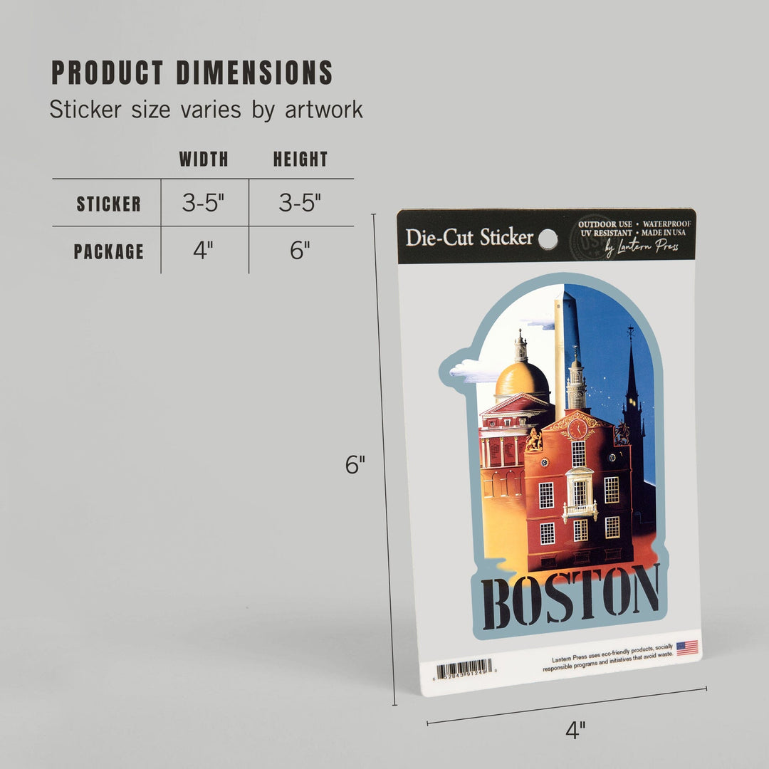 Boston, Massachusetts, Iconic Buildings, Contour, Vintage Poster, Vinyl Sticker - Lantern Press