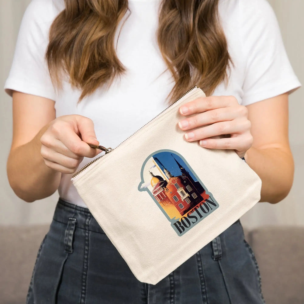 Boston, Massachusetts, Iconic Buildings, , Vintage Poster, Organic Cotton Zipper Pouch, Go Bag Go Bag Lantern Press 